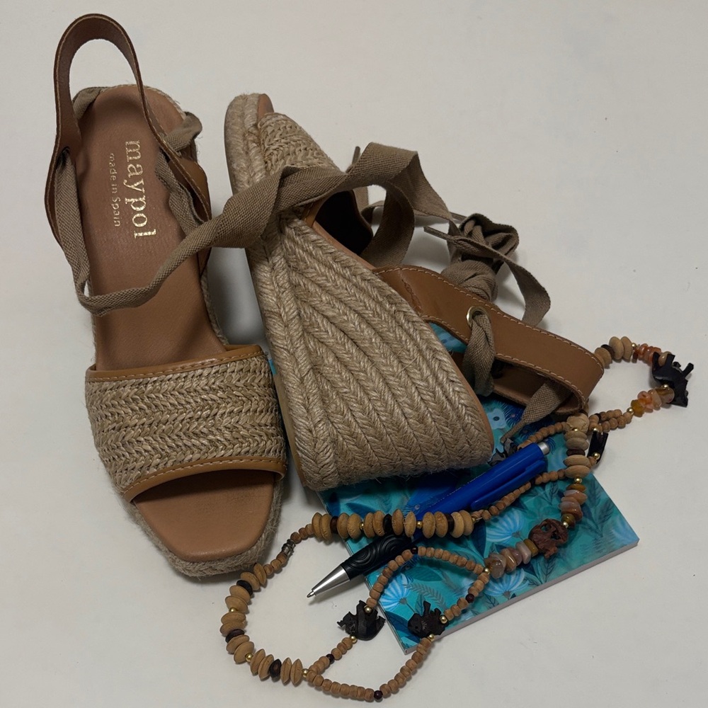 Maypol Spain Tan Espadrille Woven Nude Wedge Sandals Tie Anthropologie 39 8.5